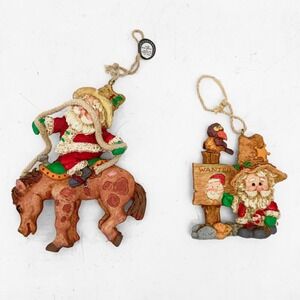 VTG 90s Kurt Adler Giordano Art Hi-Ho Santa Cowboy Christmas Ornament Set of Two